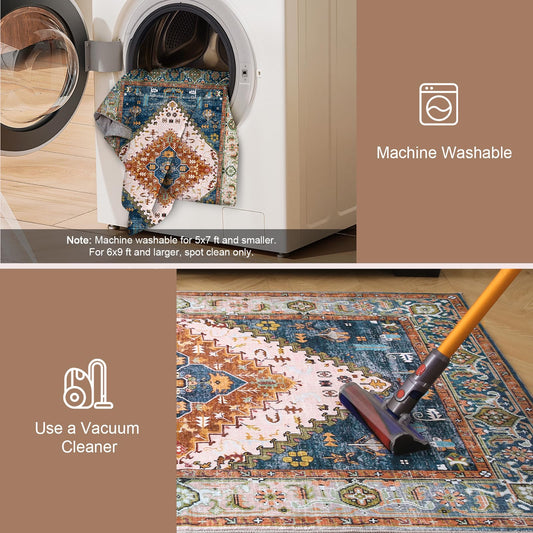 Lukyamzn Soft Faux Cashmere Area Rug 9x12 ft. for Living Room, Washable Low-Pile Carpet with Non-Slip Backing, Green & Orange Design