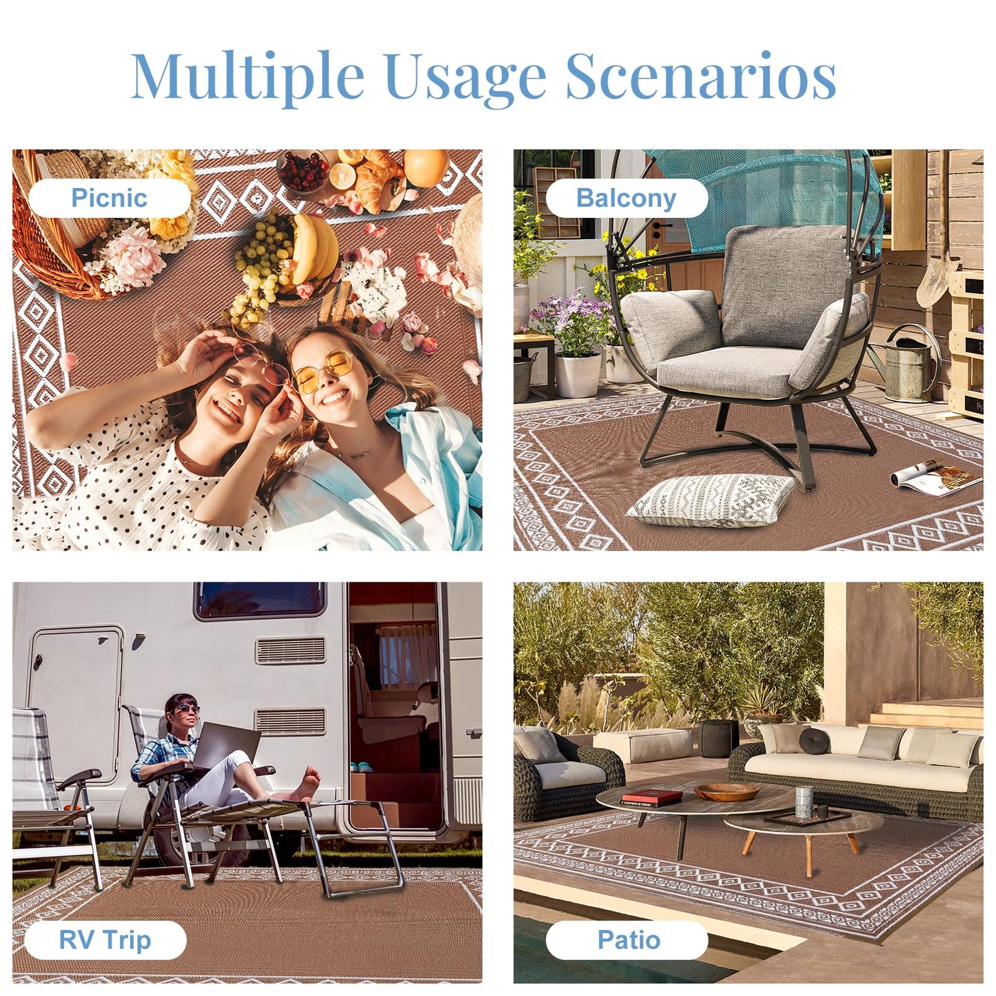 Lukyamzn Outdoor Rug 8x10 ft. Waterproof Patio, Reversible Plastic Straw Carpet for Deck, Balcony, Camping, Backyard