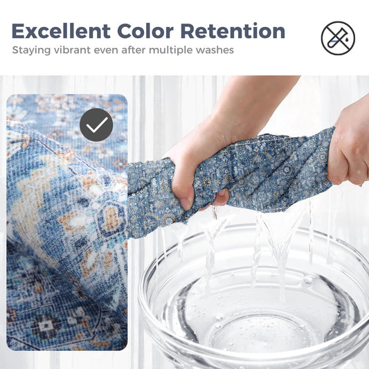 Lukyamzn Vintage Blue Round Rug 4ft, Soft Low-Pile Washable Circular Carpet, Non-Slip, Distressed Navy for Living Room & Bedroom