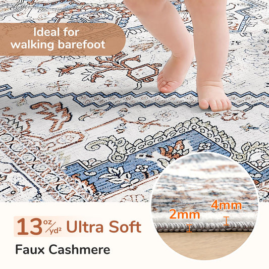 Lukyamzn Thin Neutral Area Rug 5x7 ft. – Washable, Non-Slip Faux Cashmere Low-Pile Carpet, Cream, Blue & Light Brown