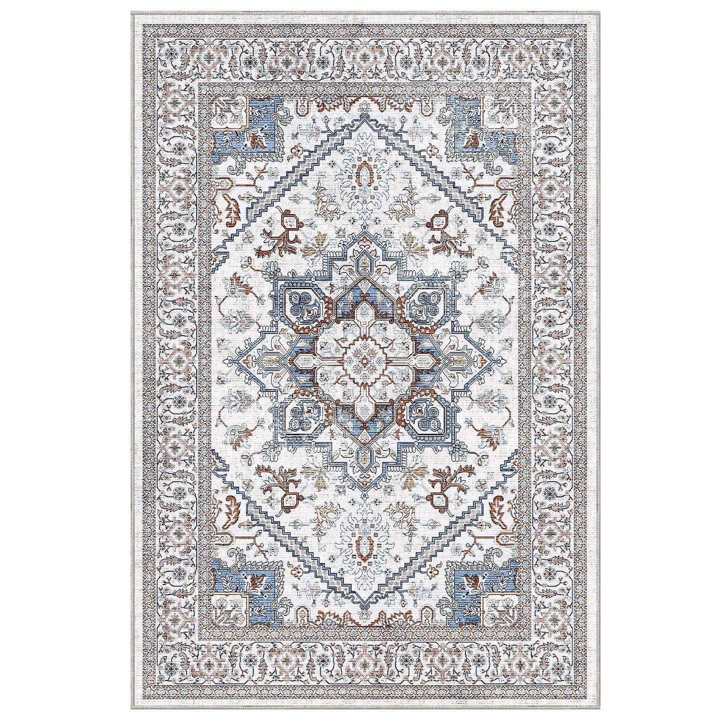 Lukyamzn Thin Neutral Area Rug 5x7 ft. – Washable, Non-Slip Faux Cashmere Low-Pile Carpet, Cream, Blue & Light Brown