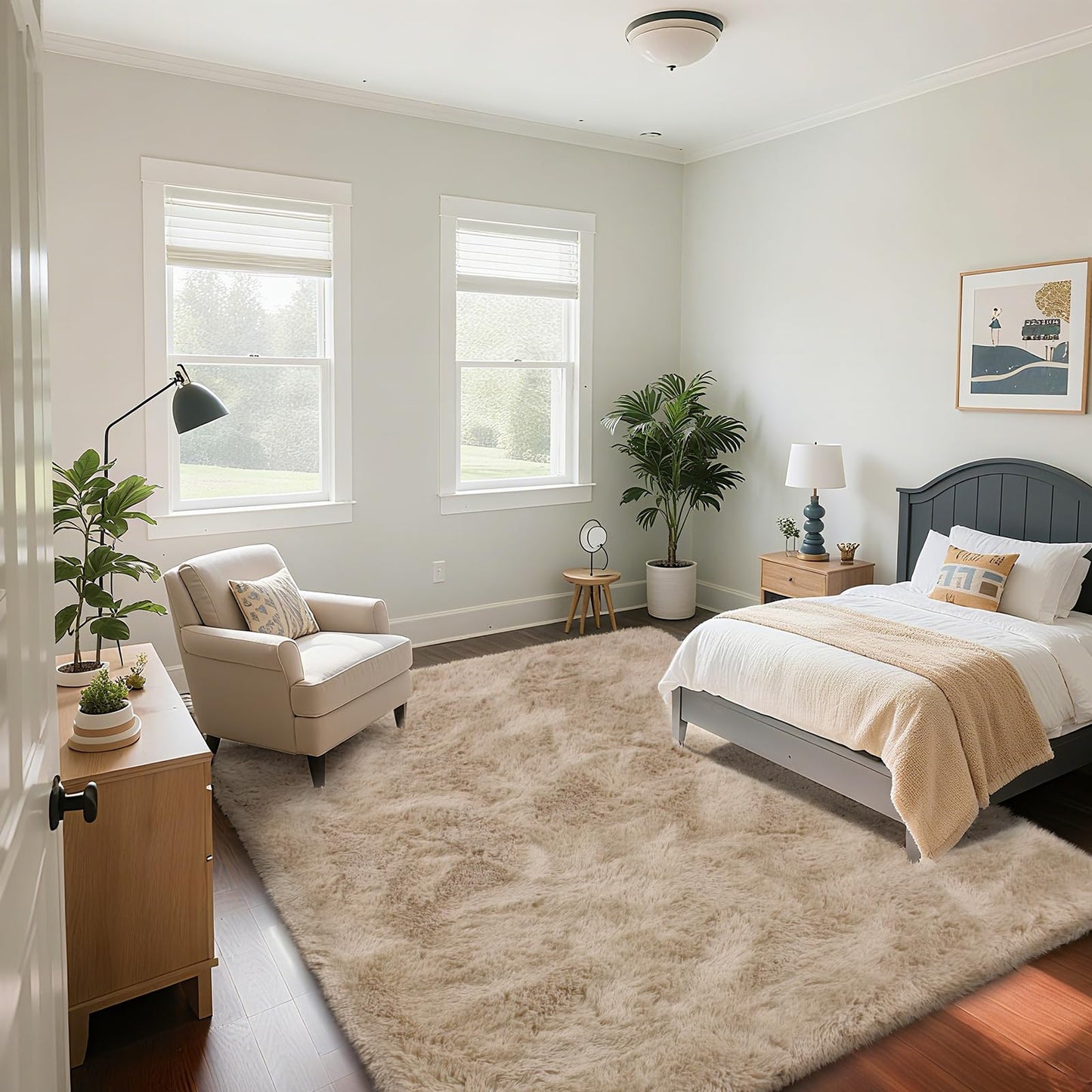 Lukyamzn Fluffy Shaggy Area Rug 8x10, Extra Soft Long Pile Beige Rug for Living Room, Bedroom, Kids Room, Home Decor