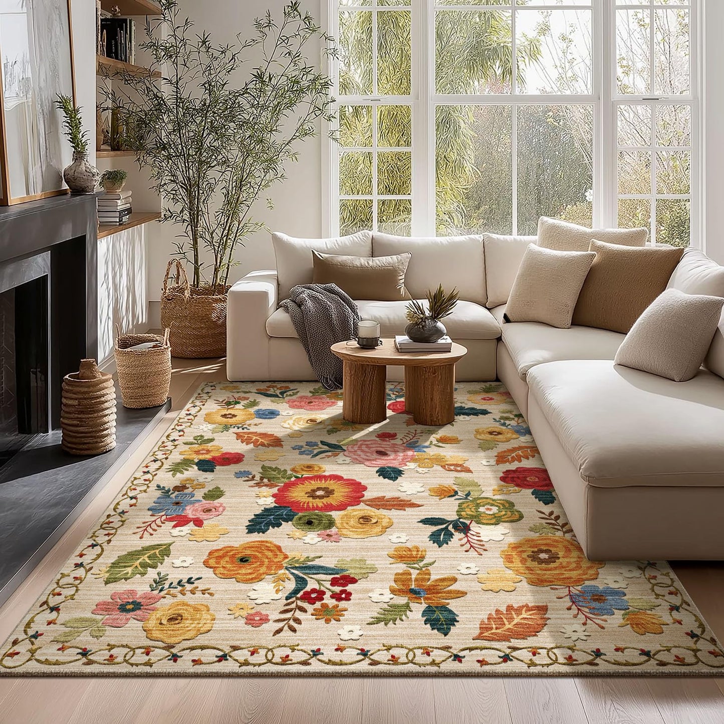 Lukyamzn Machine Washable Area Rug 5'x7', Floral Vintage Low Pile Soft Faux Wool Rug, Non-Slip Stain Resistant