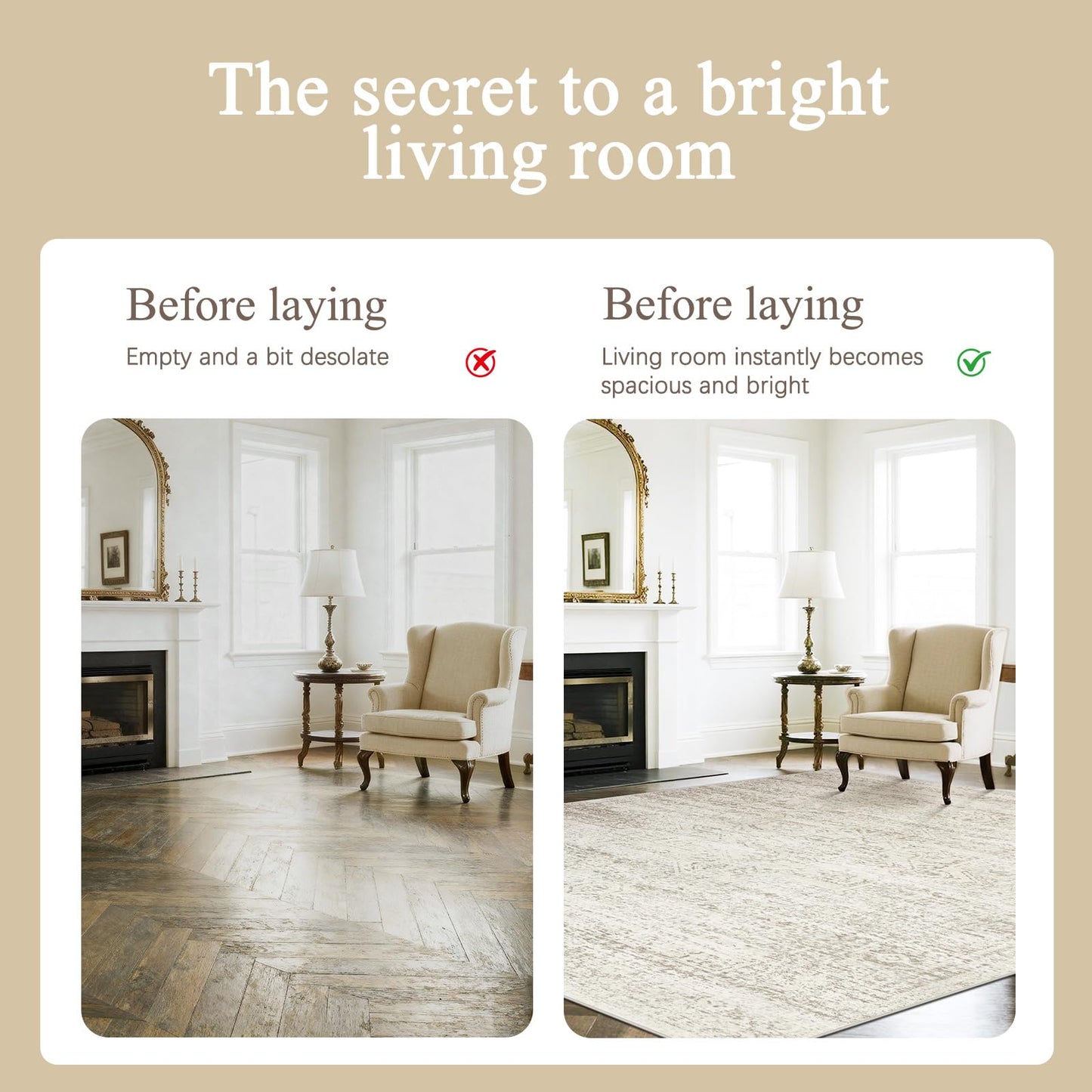 Lukyamzn Washable 8x10 Area Rug, Ultra Soft Faux Wool Vintage Low-Pile Carpet, Non-Slip Large Retro Rug for Living Room Bedroom Home