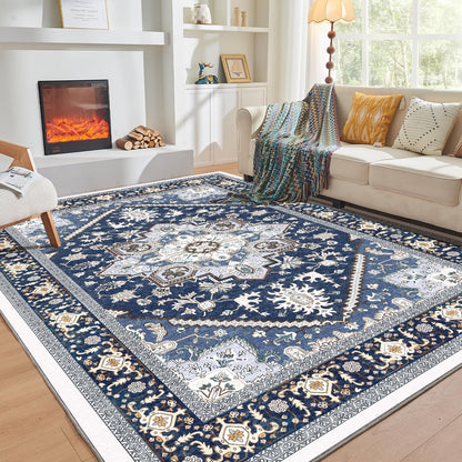 Lukyamzn Thin Washable Area Rug 5x7 ft, Low-Pile Faux Cashmere Carpet with Non-Slip Backing, Navy Blue & Gold Soft Floor Mat