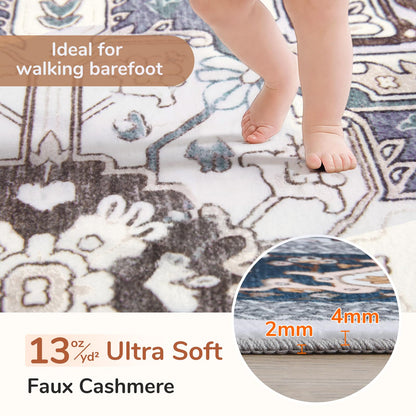 Lukyamzn Thin Washable Area Rug 5x7 ft, Low-Pile Faux Cashmere Carpet with Non-Slip Backing, Navy Blue & Gold Soft Floor Mat