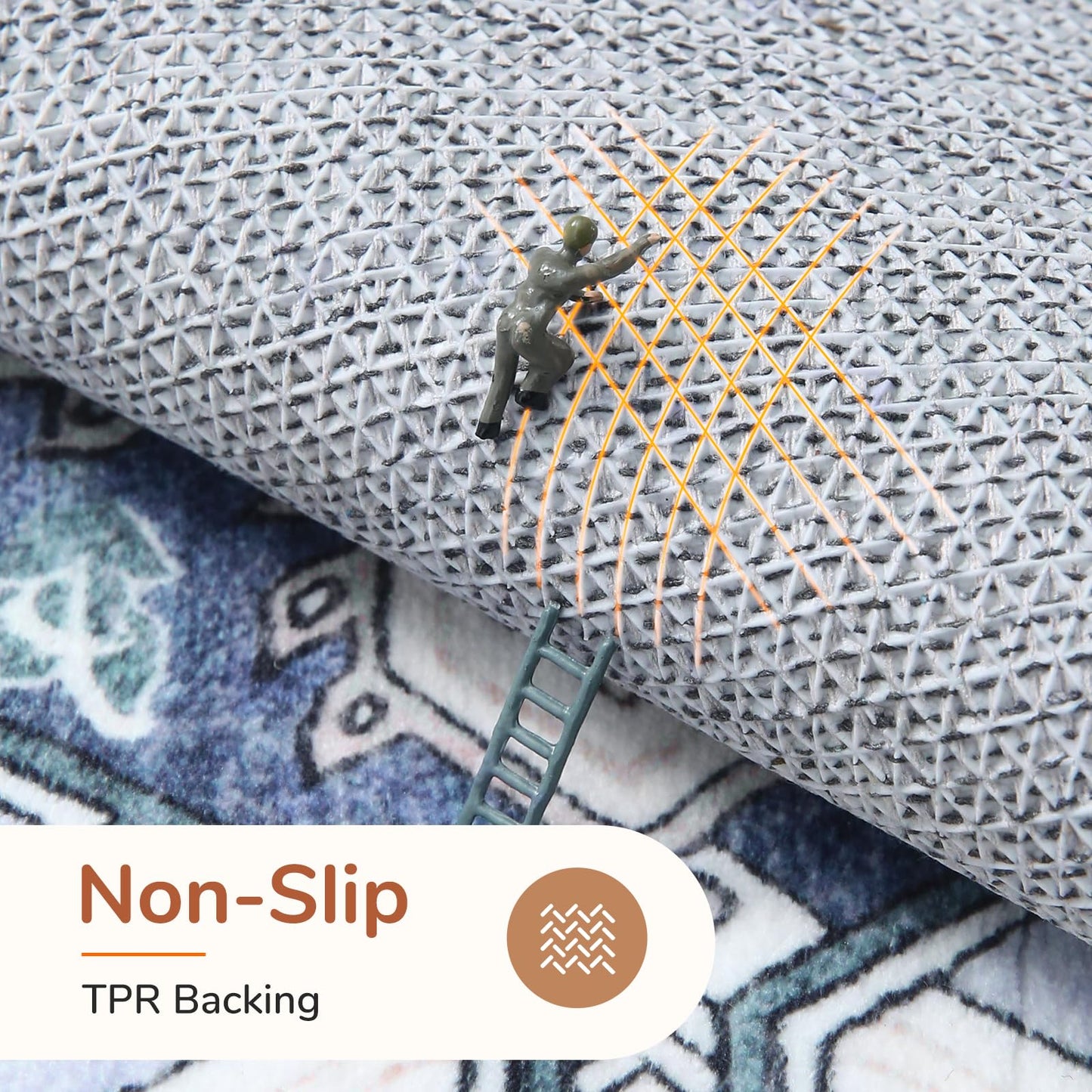 Lukyamzn Thin Washable Area Rug 5x7 ft, Low-Pile Faux Cashmere Carpet with Non-Slip Backing, Navy Blue & Gold Soft Floor Mat