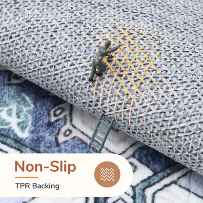 Lukyamzn Thin Washable Area Rug 5x7 ft, Low-Pile Faux Cashmere Carpet with Non-Slip Backing, Navy Blue & Gold Soft Floor Mat