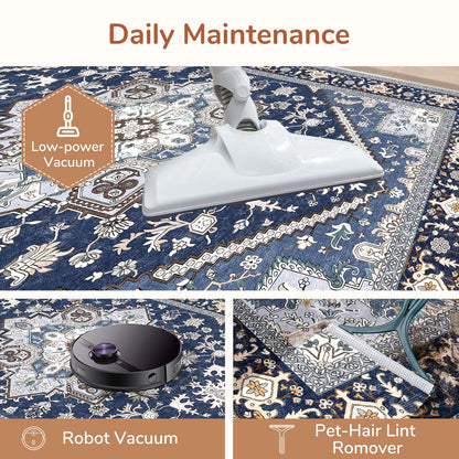 Lukyamzn Thin Washable Area Rug 5x7 ft, Low-Pile Faux Cashmere Carpet with Non-Slip Backing, Navy Blue & Gold Soft Floor Mat