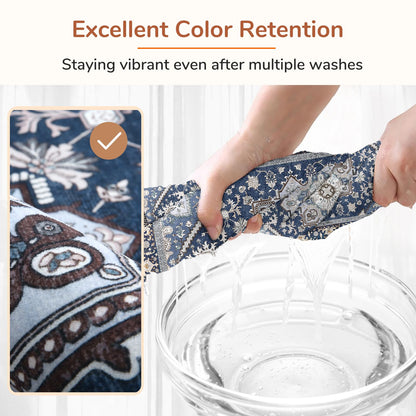 Lukyamzn Thin Washable Area Rug 5x7 ft, Low-Pile Faux Cashmere Carpet with Non-Slip Backing, Navy Blue & Gold Soft Floor Mat