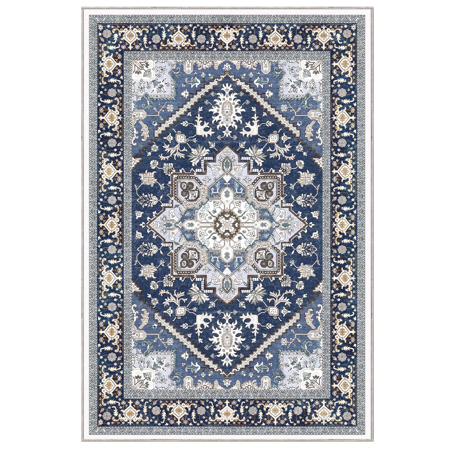 Lukyamzn Thin Washable Area Rug 5x7 ft, Low-Pile Faux Cashmere Carpet with Non-Slip Backing, Navy Blue & Gold Soft Floor Mat