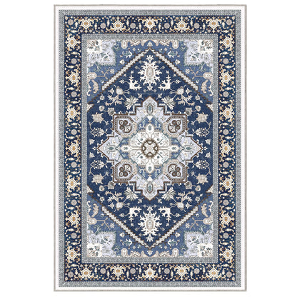 Lukyamzn Thin Washable Area Rug 5x7 ft, Low-Pile Faux Cashmere Carpet with Non-Slip Backing, Navy Blue & Gold Soft Floor Mat