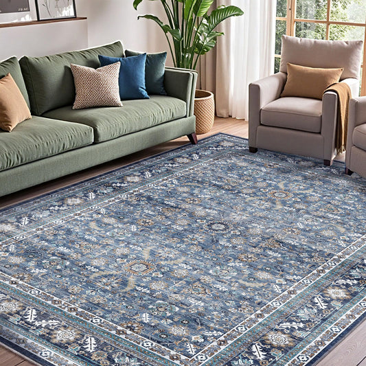 Lukyamzn Vintage Blue 8x10 ft. Washable Area Rug, Soft Low-Pile Faux Wool Carpet with Non-Slip Backing for Living Room, Bedroom & Office