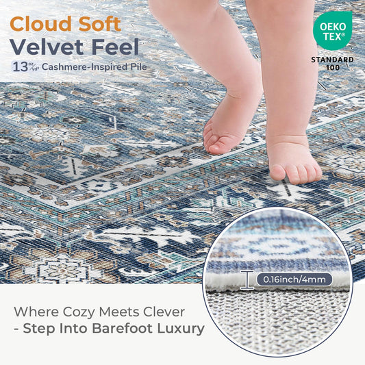 Lukyamzn Vintage Blue 8x10 ft. Washable Area Rug, Soft Low-Pile Faux Wool Carpet with Non-Slip Backing for Living Room, Bedroom & Office