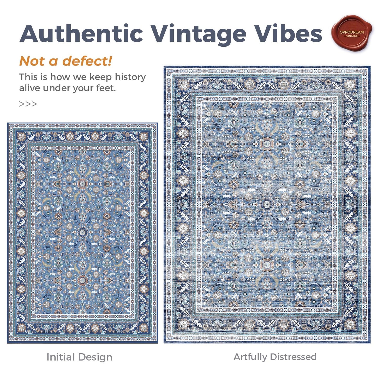 Lukyamzn Vintage Blue 8x10 ft. Washable Area Rug, Soft Low-Pile Faux Wool Carpet with Non-Slip Backing for Living Room, Bedroom & Office