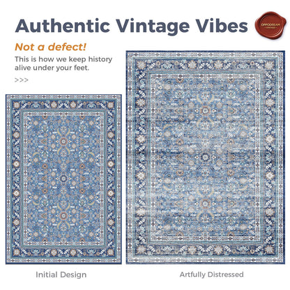 Lukyamzn Vintage Blue 8x10 ft. Washable Area Rug, Soft Low-Pile Faux Wool Carpet with Non-Slip Backing for Living Room, Bedroom & Office