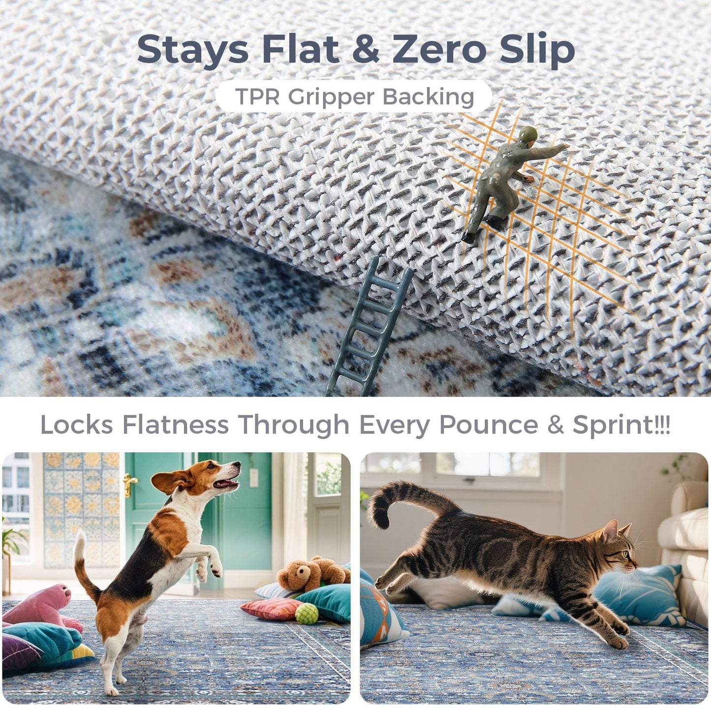 Lukyamzn Vintage Blue 8x10 ft. Washable Area Rug, Soft Low-Pile Faux Wool Carpet with Non-Slip Backing for Living Room, Bedroom & Office