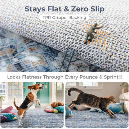 Lukyamzn Vintage Blue 8x10 ft. Washable Area Rug, Soft Low-Pile Faux Wool Carpet with Non-Slip Backing for Living Room, Bedroom & Office