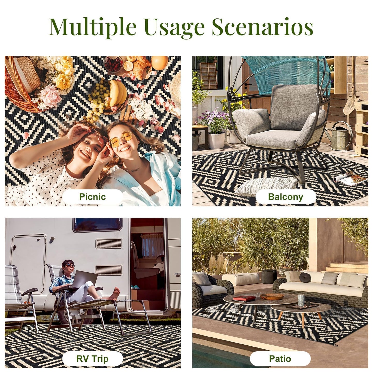 Lukyamzn Outdoor Rug 9x12 ft. Waterproof Reversible Patio Carpet, Large Plastic Straw Mat for Deck, RV, Camping, Porch & Backyard