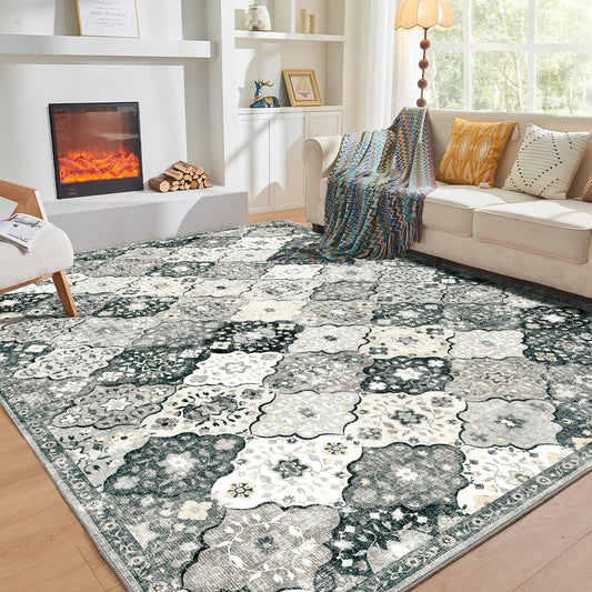 Lukyamzn Gray 5x7 ft. Area Rug – Soft Washable Moroccan Style Carpet, Low-Pile Faux Cashmere with Non-Slip Backing for Living Room & Bedroom