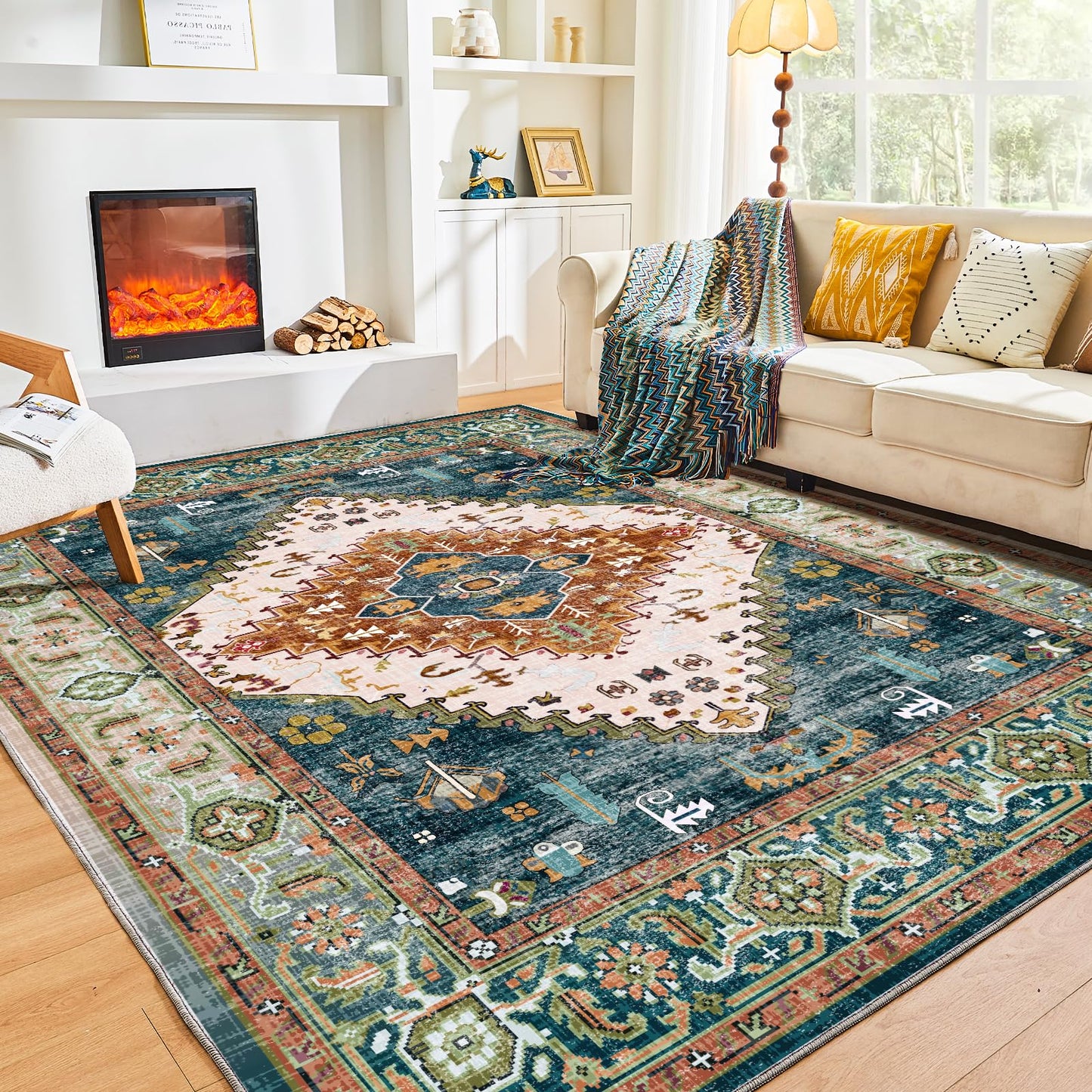 Lukyamzn Soft Faux Cashmere Area Rug 9x12 ft. for Living Room, Washable Low-Pile Carpet with Non-Slip Backing, Green & Orange Design
