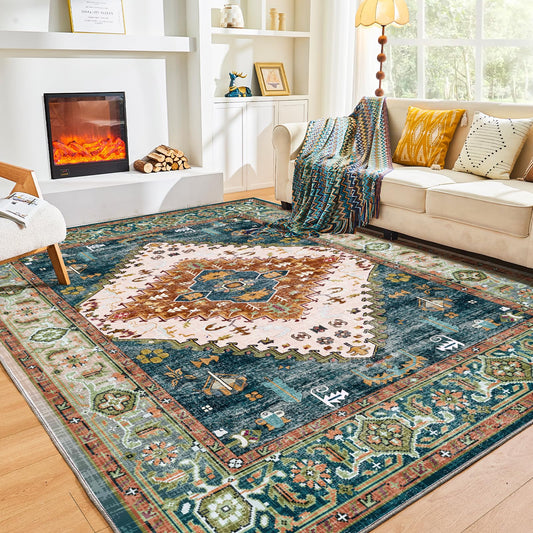 Lukyamzn Soft Faux Cashmere Area Rug 9x12 ft. for Living Room, Washable Low-Pile Carpet with Non-Slip Backing, Green & Orange Design