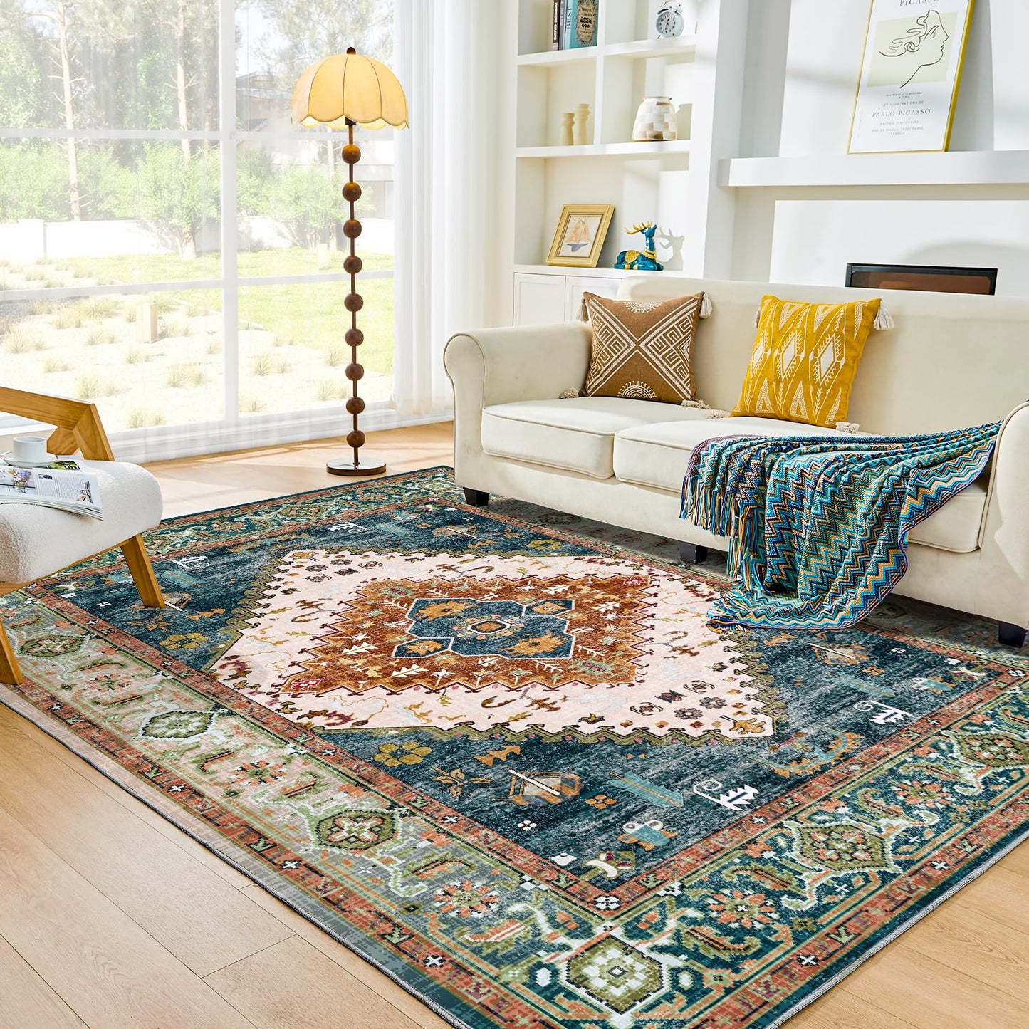 Lukyamzn Soft Faux Cashmere Area Rug 9x12 ft. for Living Room, Washable Low-Pile Carpet with Non-Slip Backing, Green & Orange Design