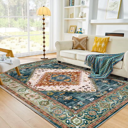 Lukyamzn Soft Faux Cashmere Area Rug 9x12 ft. for Living Room, Washable Low-Pile Carpet with Non-Slip Backing, Green & Orange Design