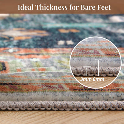 Lukyamzn Soft Faux Cashmere Area Rug 9x12 ft. for Living Room, Washable Low-Pile Carpet with Non-Slip Backing, Green & Orange Design