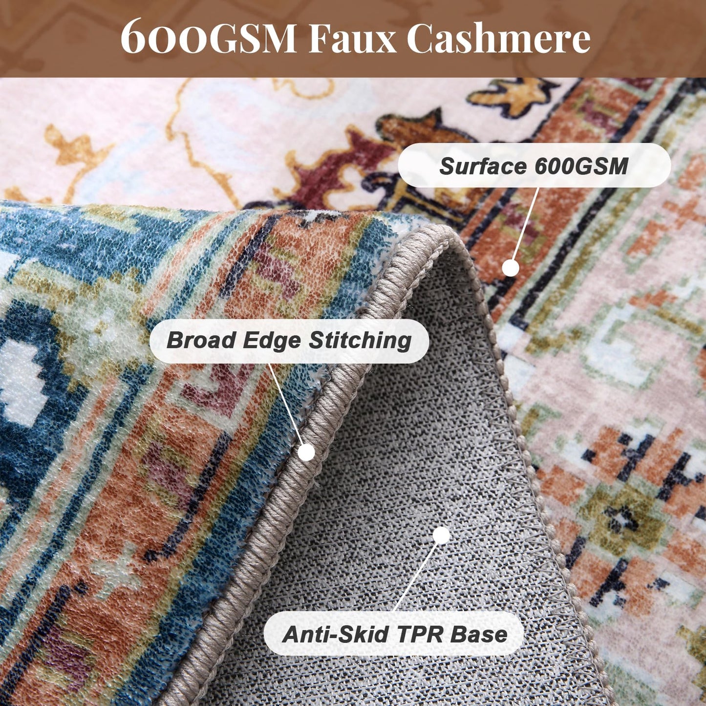 Lukyamzn Soft Faux Cashmere Area Rug 9x12 ft. for Living Room, Washable Low-Pile Carpet with Non-Slip Backing, Green & Orange Design