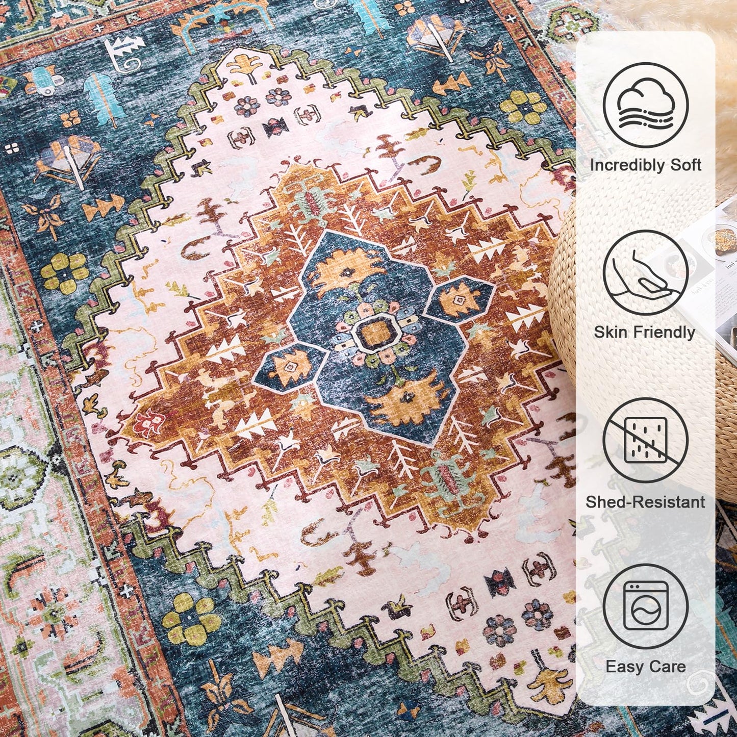 Lukyamzn Soft Faux Cashmere Area Rug 9x12 ft. for Living Room, Washable Low-Pile Carpet with Non-Slip Backing, Green & Orange Design