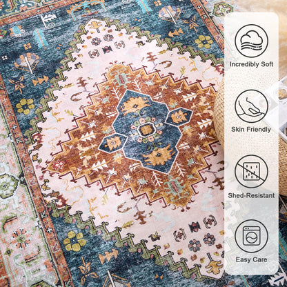 Lukyamzn Soft Faux Cashmere Area Rug 9x12 ft. for Living Room, Washable Low-Pile Carpet with Non-Slip Backing, Green & Orange Design