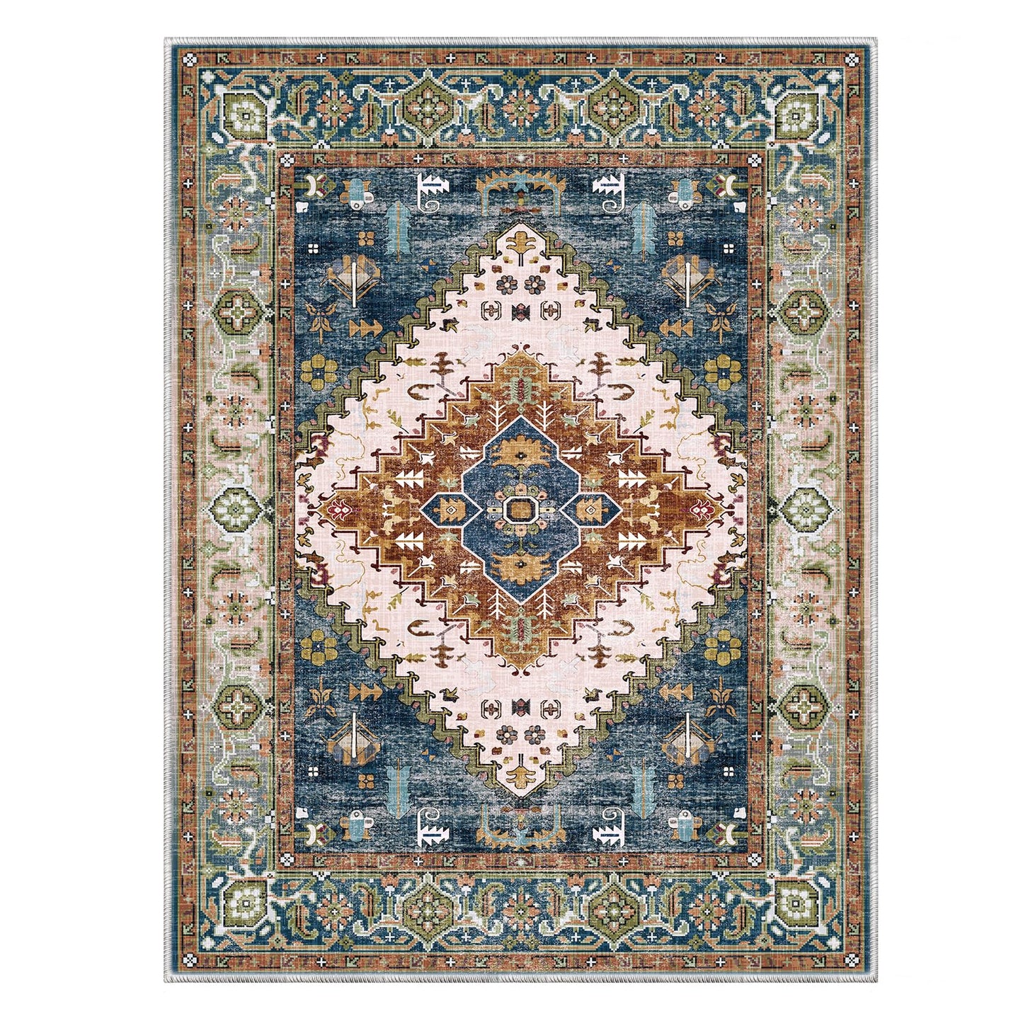 Lukyamzn Soft Faux Cashmere Area Rug 9x12 ft. for Living Room, Washable Low-Pile Carpet with Non-Slip Backing, Green & Orange Design