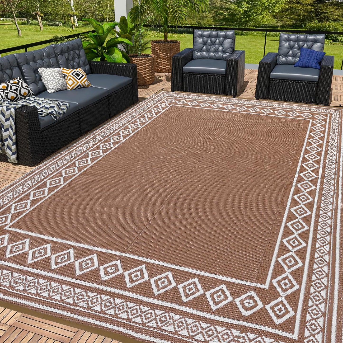 Lukyamzn Outdoor Rug 8x10 ft. Waterproof Patio, Reversible Plastic Straw Carpet for Deck, Balcony, Camping, Backyard