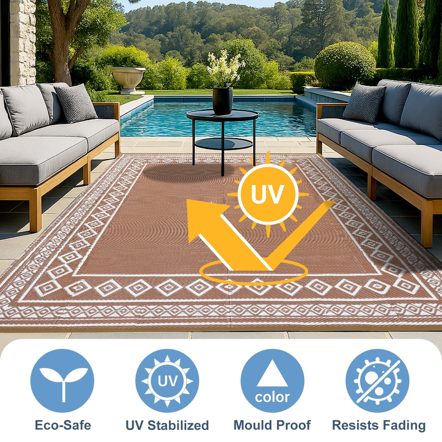 Lukyamzn Outdoor Rug 8x10 ft. Waterproof Patio, Reversible Plastic Straw Carpet for Deck, Balcony, Camping, Backyard