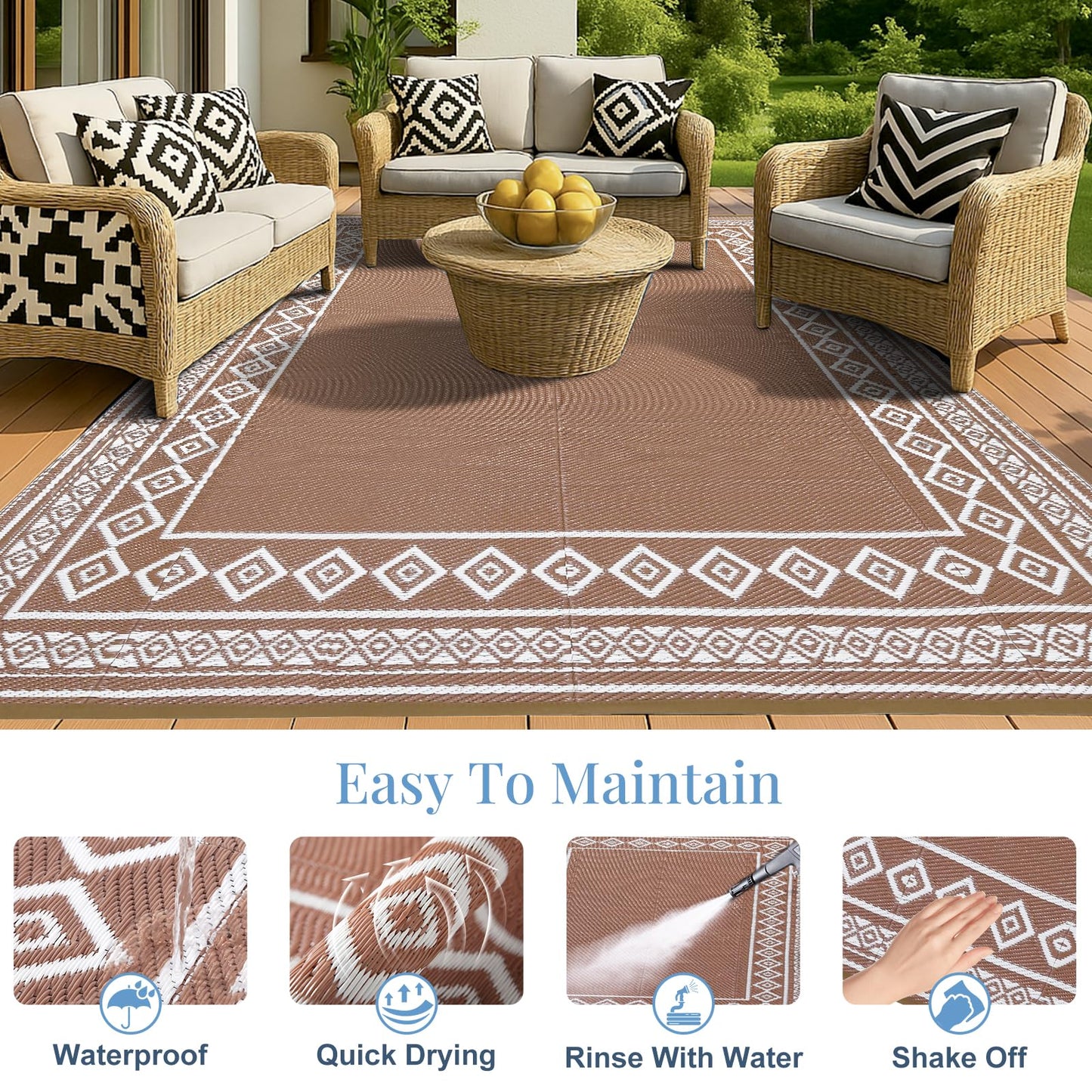 Lukyamzn Outdoor Rug 8x10 ft. Waterproof Patio, Reversible Plastic Straw Carpet for Deck, Balcony, Camping, Backyard