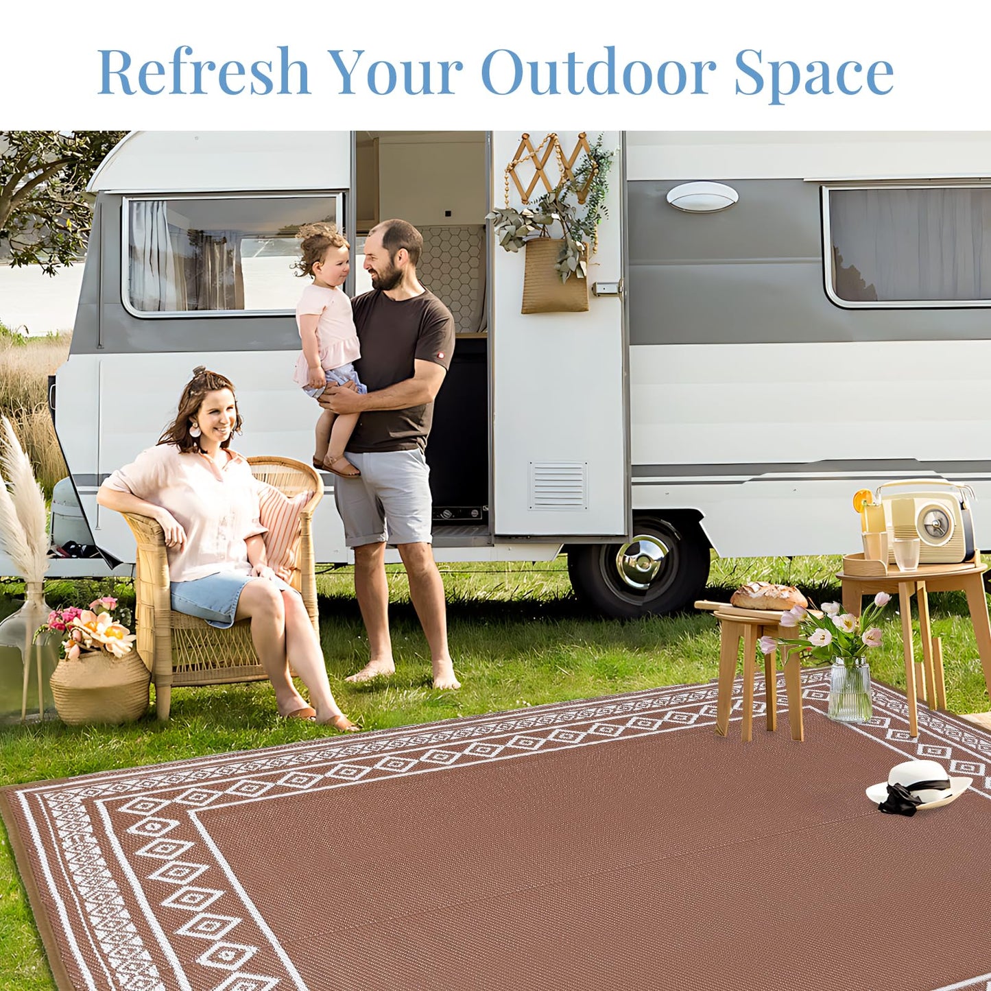 Lukyamzn Outdoor Rug 8x10 ft. Waterproof Patio, Reversible Plastic Straw Carpet for Deck, Balcony, Camping, Backyard