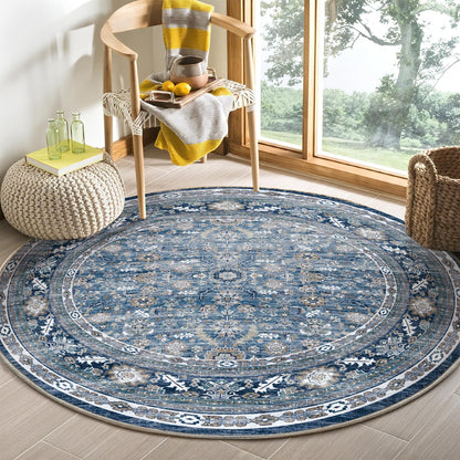 Lukyamzn Vintage Blue Round Rug 4ft, Soft Low-Pile Washable Circular Carpet, Non-Slip, Distressed Navy for Living Room & Bedroom