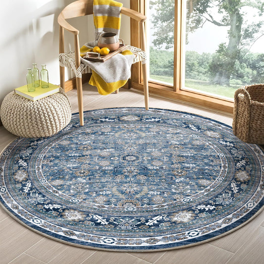 Lukyamzn Vintage Blue Round Rug 4ft, Soft Low-Pile Washable Circular Carpet, Non-Slip, Distressed Navy for Living Room & Bedroom