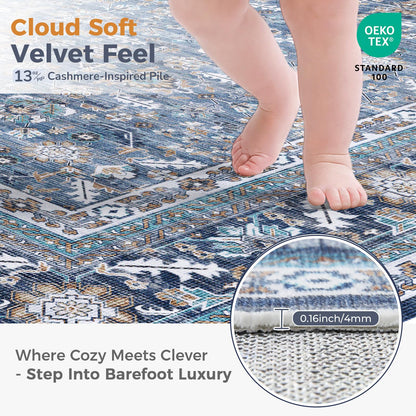 Lukyamzn Vintage Blue Round Rug 4ft, Soft Low-Pile Washable Circular Carpet, Non-Slip, Distressed Navy for Living Room & Bedroom