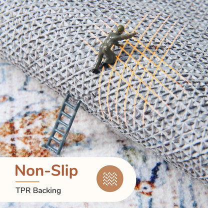 Lukyamzn Thin Neutral Area Rug 5x7 ft.  – Washable, Non-Slip Faux Cashmere Low-Pile Carpet, Cream, Blue & Light Brown