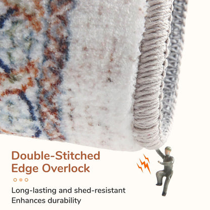 Lukyamzn Thin Neutral Area Rug 5x7 ft.  – Washable, Non-Slip Faux Cashmere Low-Pile Carpet, Cream, Blue & Light Brown