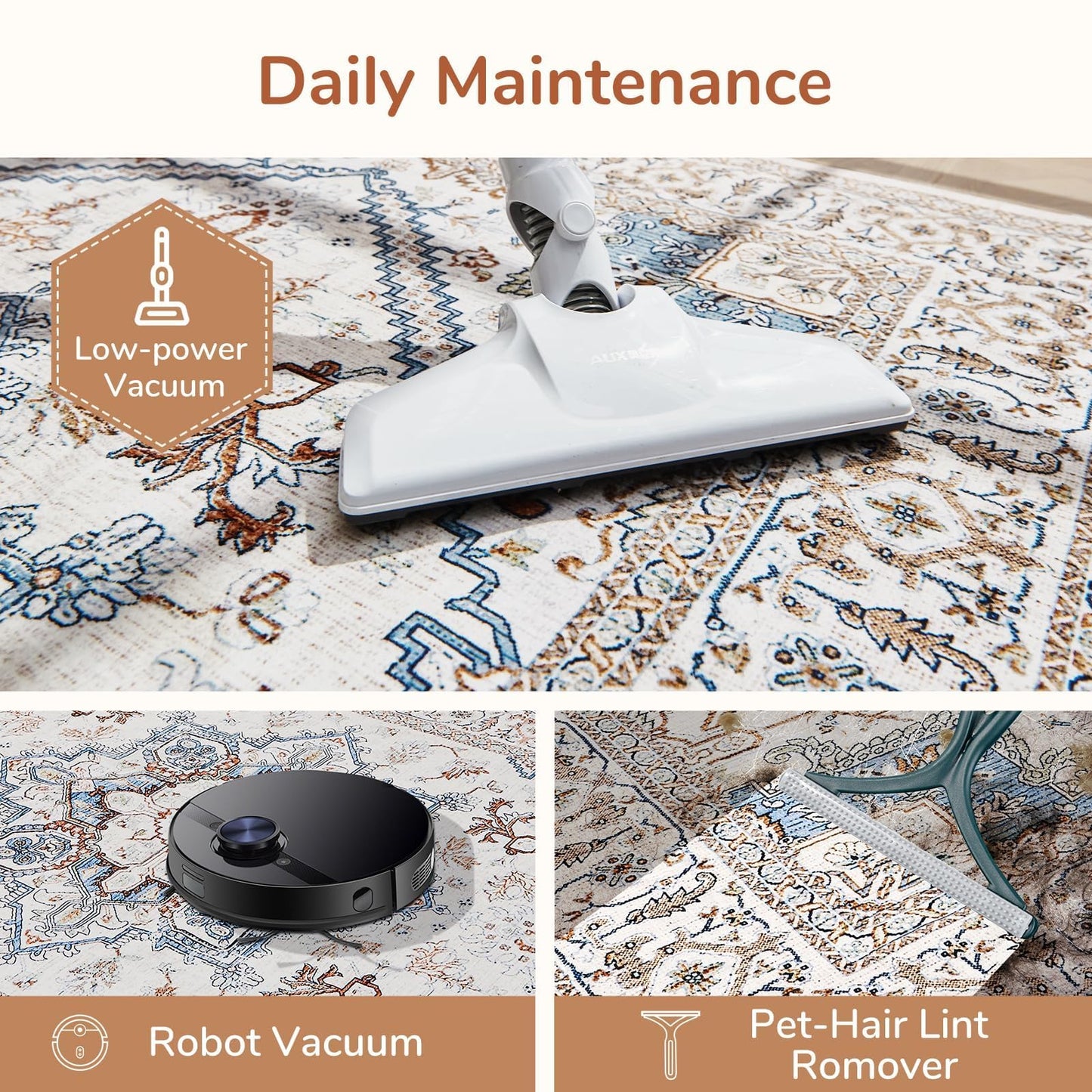 Lukyamzn Thin Neutral Area Rug 5x7 ft.  – Washable, Non-Slip Faux Cashmere Low-Pile Carpet, Cream, Blue & Light Brown