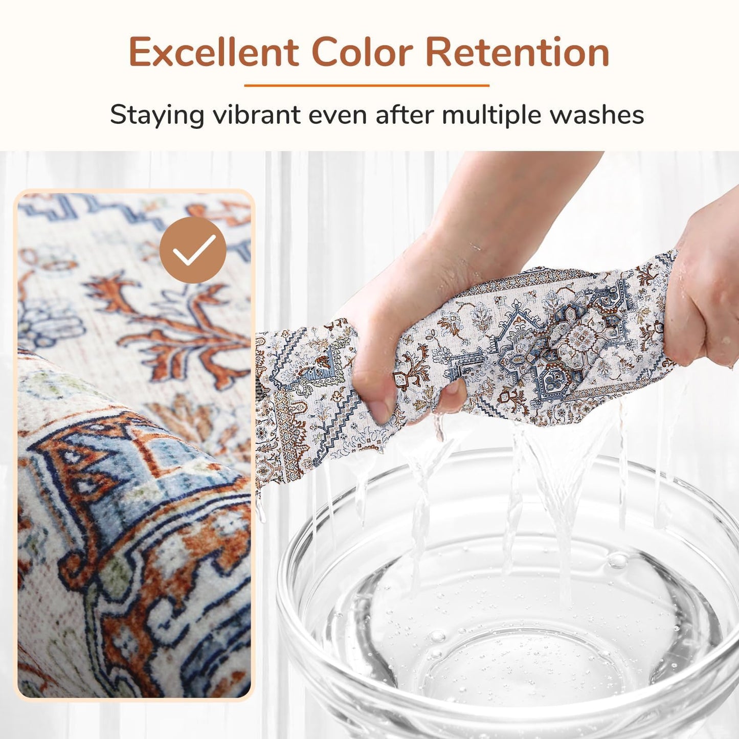 Lukyamzn Thin Neutral Area Rug 5x7 ft.  – Washable, Non-Slip Faux Cashmere Low-Pile Carpet, Cream, Blue & Light Brown