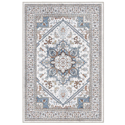 Lukyamzn Thin Neutral Area Rug 5x7 ft.  – Washable, Non-Slip Faux Cashmere Low-Pile Carpet, Cream, Blue & Light Brown