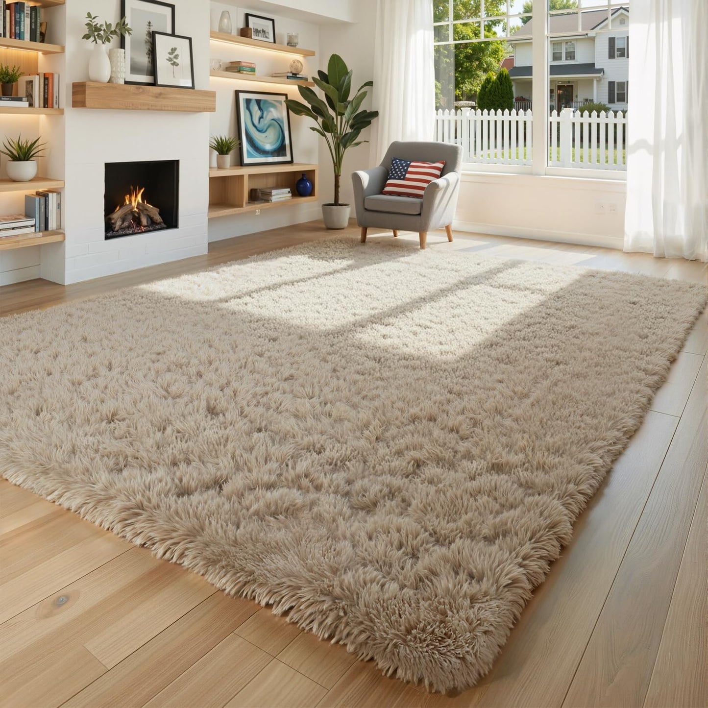 Lukyamzn Fluffy Shaggy Area Rug 8x10, Extra Soft Long Pile Beige Rug for Living Room, Bedroom, Kids Room, Home Decor