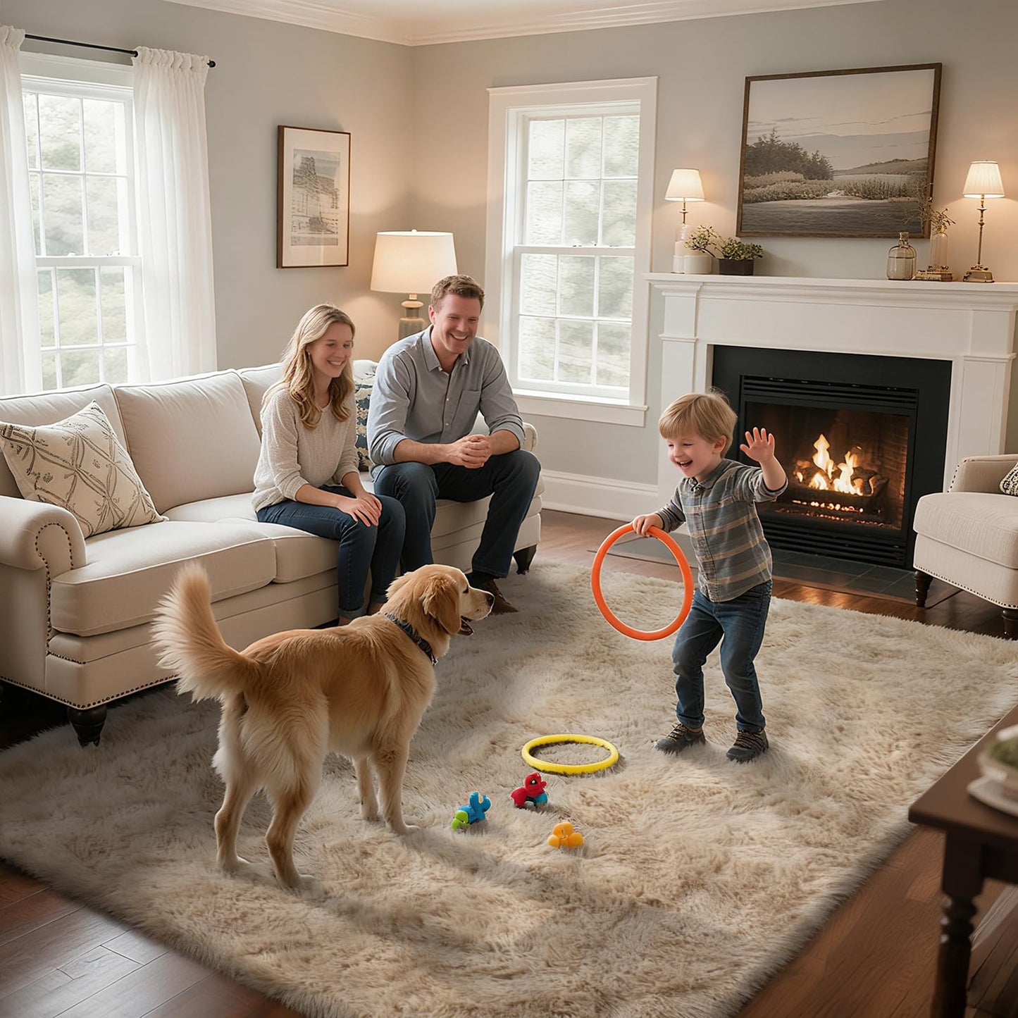 Lukyamzn Fluffy Shaggy Area Rug 8x10, Extra Soft Long Pile Beige Rug for Living Room, Bedroom, Kids Room, Home Decor