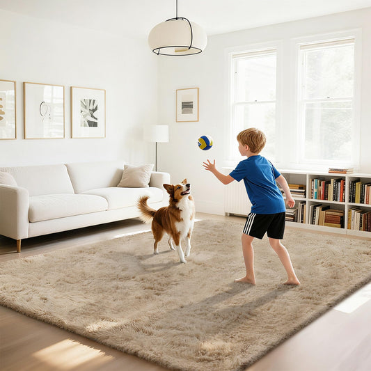 Lukyamzn Fluffy Shaggy Area Rug 8x10, Extra Soft Long Pile Beige Rug for Living Room, Bedroom, Kids Room, Home Decor