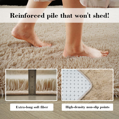 Lukyamzn Fluffy Shaggy Area Rug 8x10, Extra Soft Long Pile Beige Rug for Living Room, Bedroom, Kids Room, Home Decor