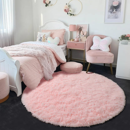 Lukyamzn Fluffy Light Pink Round Rug 4Ft, Soft Shaggy Circle Area Carpet for Girls Bedroom, Nursery, Playroom & Teens  Bullet Points: